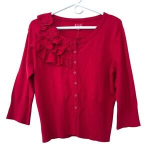New Elle Red Ruffle Floral Embellished 3/4 Sleeve Cardigan Sweater coquette L